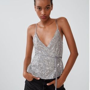 Zara Silver Sequin Wrap Top Going Out Party Medium